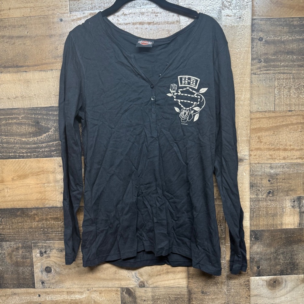 Harley Davidson Womens Black Long Sleeve Button Henley Shirt Roses Logo Size M